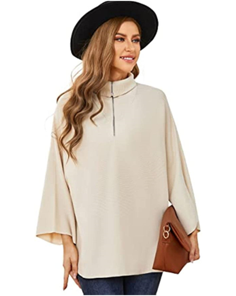 Womens Turtleneck Pullover Poncho Sweater - Knitted 3/4 Sleeve Shawl Wraps Loose Fit Drape Baggy Capes