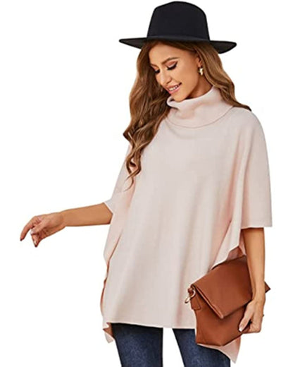 Womens Turtleneck Pullover Poncho Sweater - Knitted Shawl Wraps Loose Fit Drape Baggy Capes