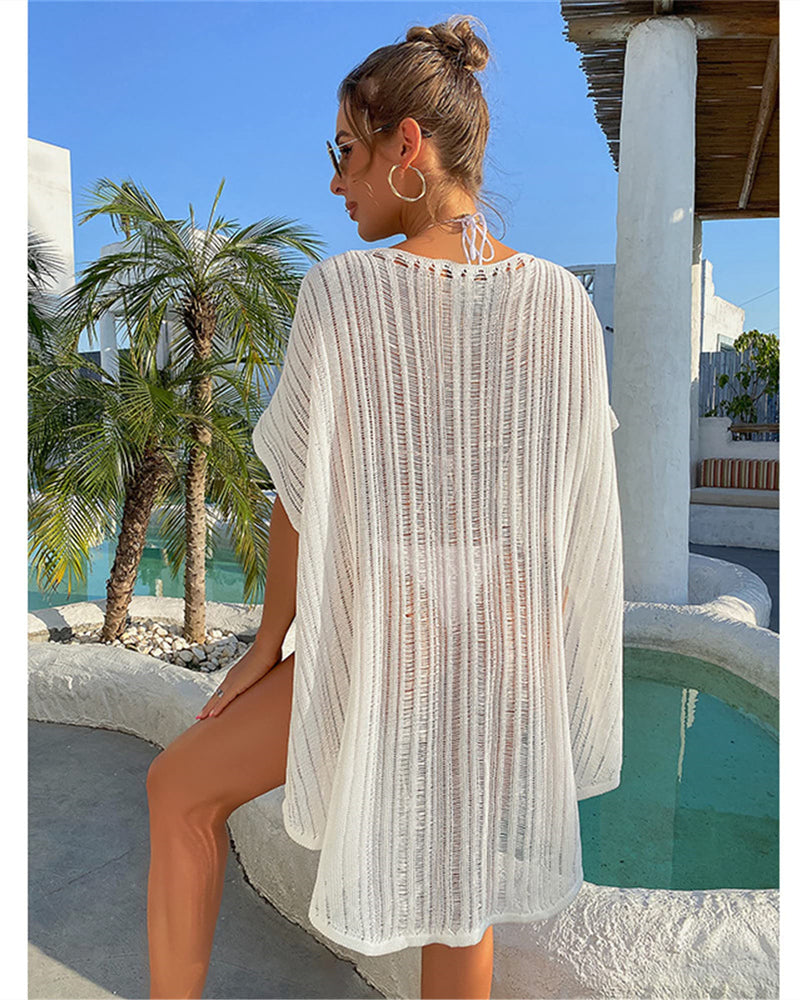 Womens Crochet Swimwear Cover Ups - Sexy Drawstring Pool Bathing Suit Beach Bikini Cover Up Smock Tops