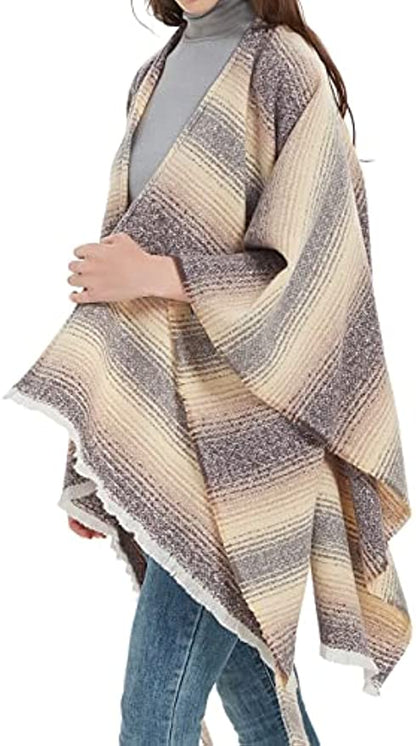 Womens Stylish Open Front Poncho Cape Clock Block Oversize Knitted Shawl Wrap with Belt