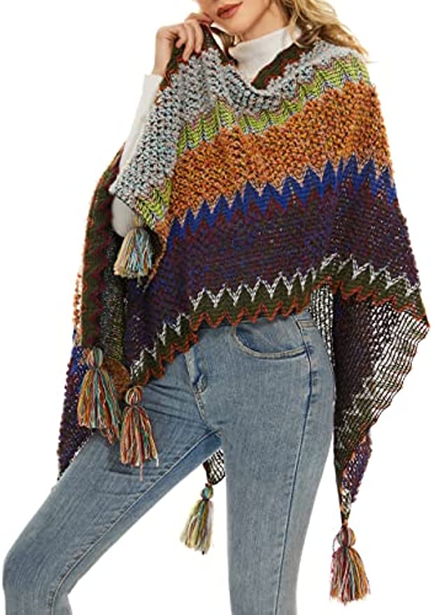 PULI Boho Ponchos for Women - Bohemian Colorblock Open Front Shawls and Wraps with Tassel Elegant Capes