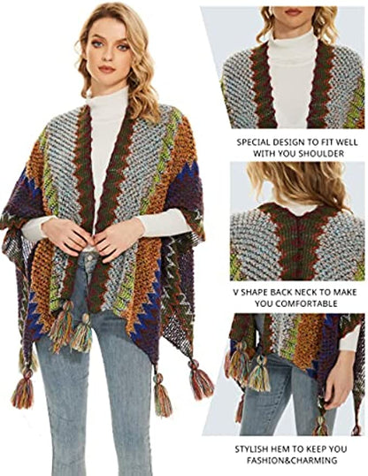 PULI Boho Ponchos for Women - Bohemian Colorblock Open Front Shawls and Wraps with Tassel Elegant Capes