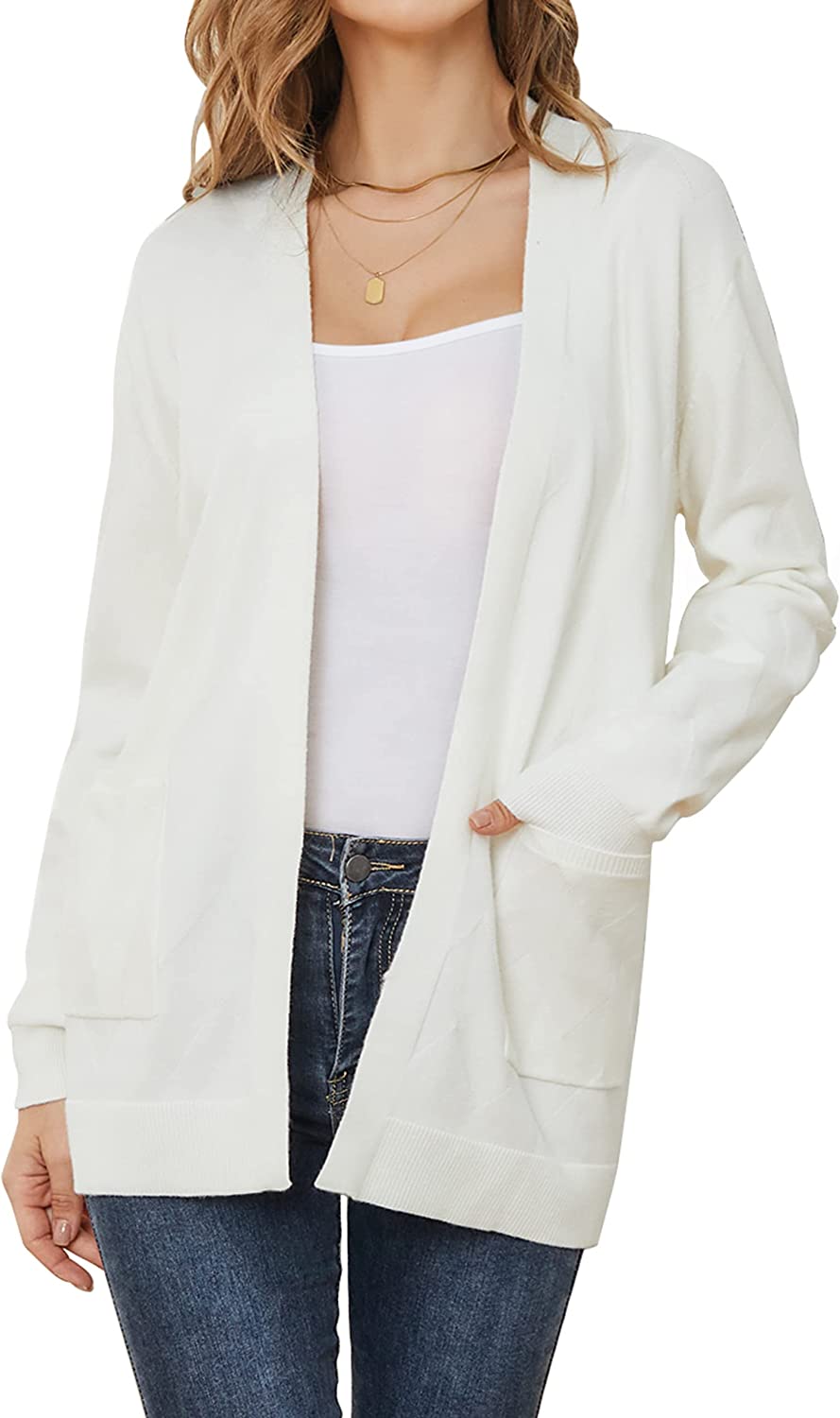 Womens Long Sleeve Cardigan Sweater - Open Front Lightweight Zic Zac Knitted Cardigan with Pockets