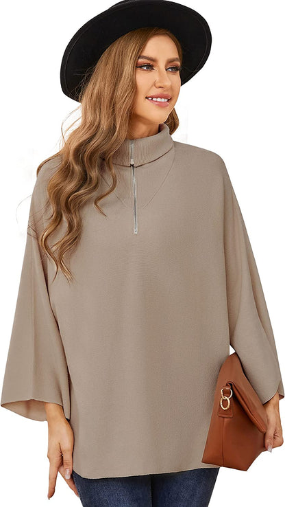 Womens Turtleneck Pullover Poncho Sweater - Knitted 3/4 Sleeve Shawl Wraps Loose Fit Drape Baggy Capes