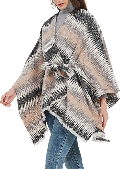 Womens Stylish Open Front Poncho Cape Clock Block Oversize Knitted Shawl Wrap with Belt