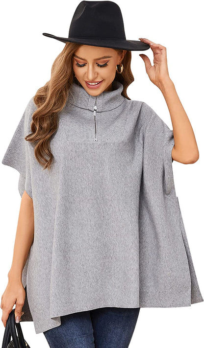 Womens Turtleneck Pullover Poncho Sweater - Knitted Shawl Wraps Loose Fit Drape Baggy Capes