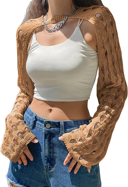 Womens Y2K Bolero Shrug Top - Long Sleeve Crochet Crop Top Mesh Beach Outfits Tops
