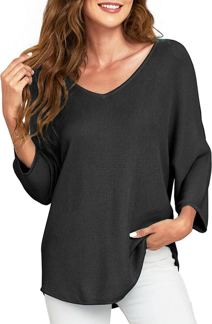 PULI Womens 3/4 Sleeve Knitted Tops - V Neck Basic T Shirts Lightweight Pullover Sweater